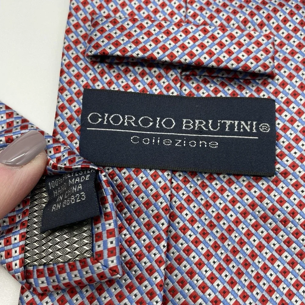 Giorgio Brutini Polyester Tie Gray Blue‎ And Red Geometric Hand Made  Tie